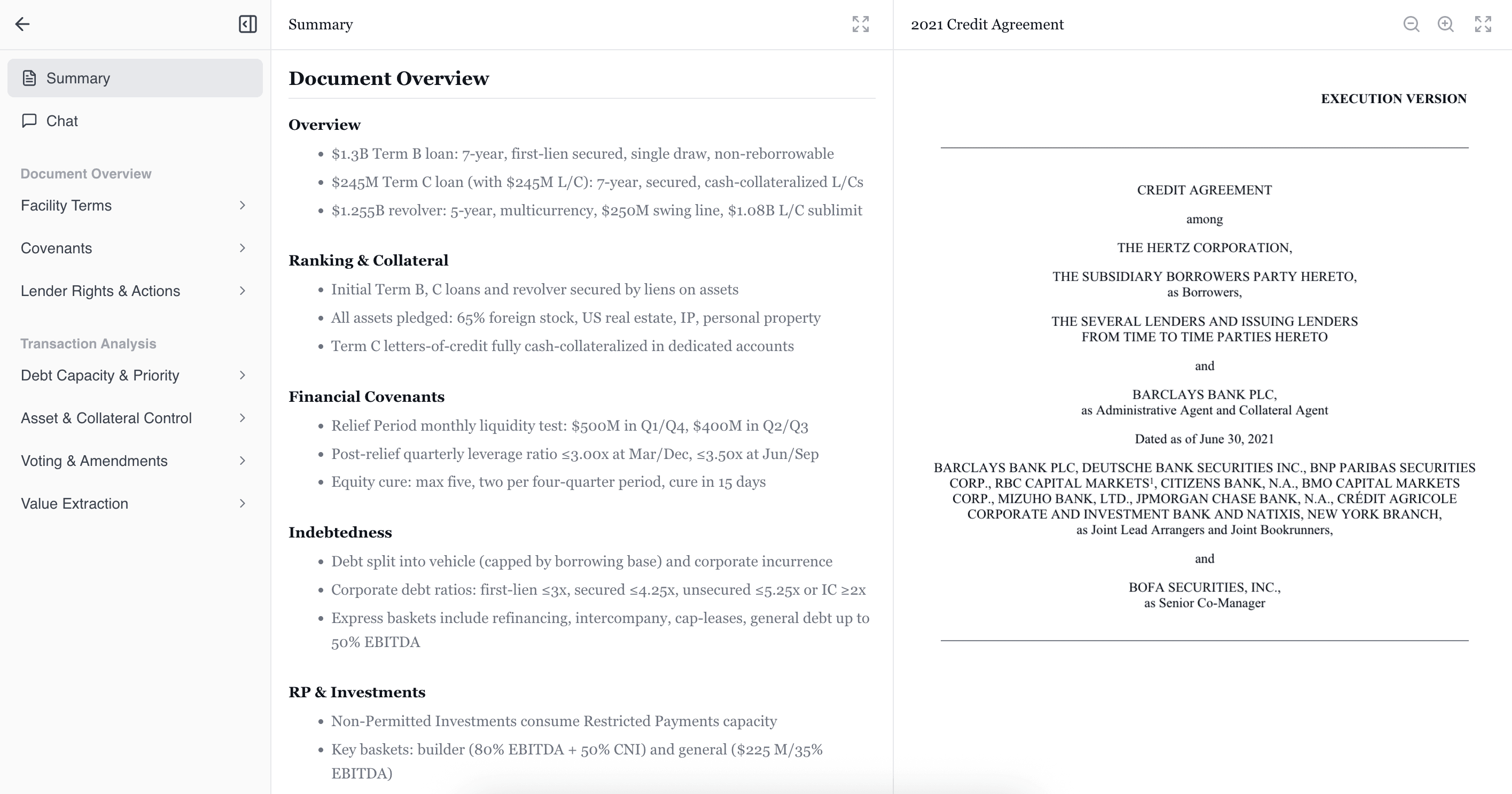 Credit agreement analysis screenshot